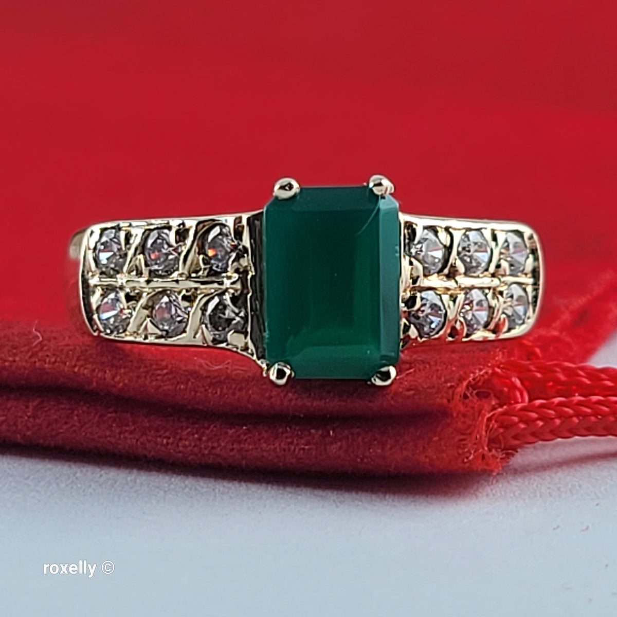 14K Yellow Gold Emerald and White Quartz Ring Size 6.5 - Solid Gold