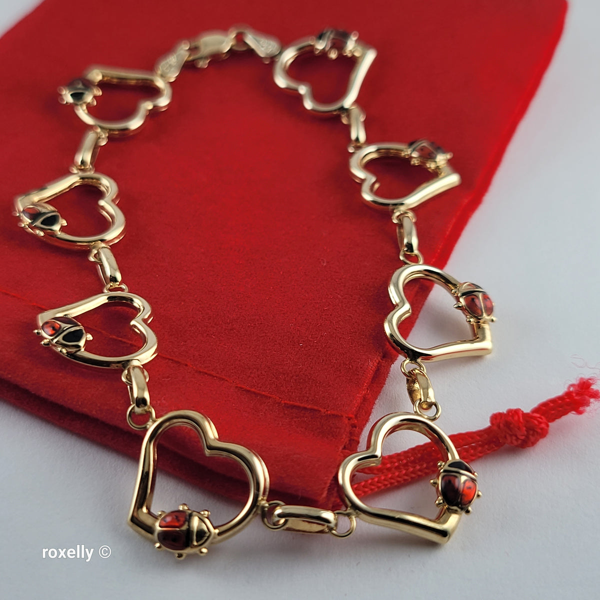 14K Yellow Gold Heart & Ladybug Link Bracelet - Solid Gold, Made in Turkey