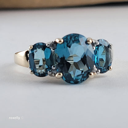 14K Yellow Gold Blue Topaz and Genuine Diamond Ring Size 8 - Solid Gold