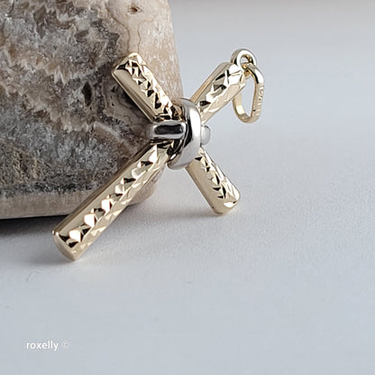 14K Two-Tone Gold Diamond-Cut Cross Pendant - Solid Gold, Made in Italy