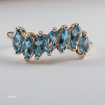 10K Yellow Gold Blue Topaz Wavy Design Ring Size 6.75 - Solid Gold