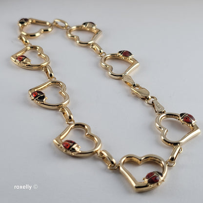 14K Yellow Gold Heart & Ladybug Link Bracelet - Solid Gold, Made in Turkey