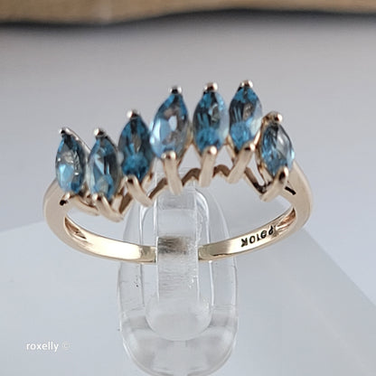 10K Yellow Gold Blue Topaz Wavy Design Ring Size 6.75 - Solid Gold