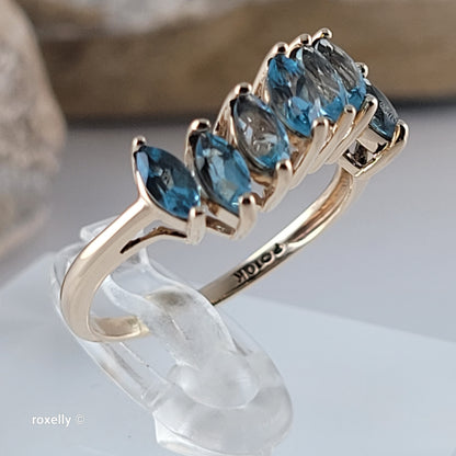 10K Yellow Gold Blue Topaz Wavy Design Ring Size 6.75 - Solid Gold