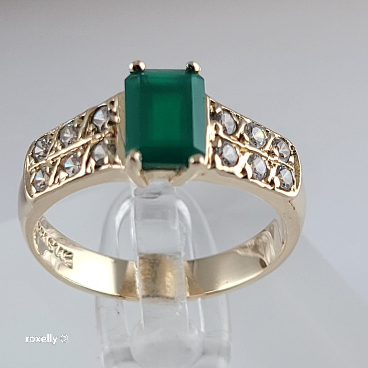14K Yellow Gold Emerald and White Quartz Ring Size 6.5 - Solid Gold