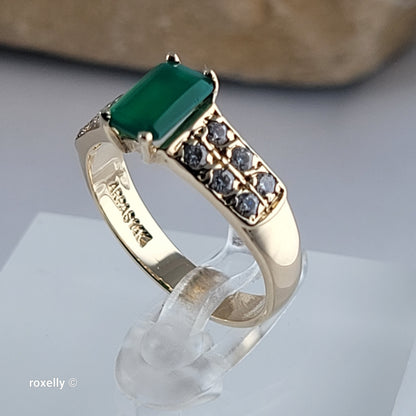 14K Yellow Gold Emerald and White Quartz Ring Size 6.5 - Solid Gold