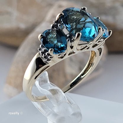 14K Yellow Gold Blue Topaz and Genuine Diamond Ring Size 8 - Solid Gold