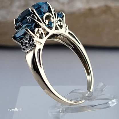 14K Yellow Gold Blue Topaz and Genuine Diamond Ring Size 8 - Solid Gold