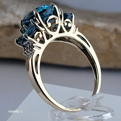 14K Yellow Gold Blue Topaz and Genuine Diamond Ring Size 8 - Solid Gold