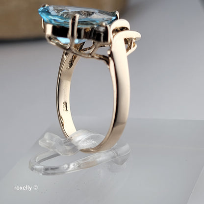14K Yellow Gold Blue Topaz and Genuine Diamond Ring Size 6.5 - Solid Gold
