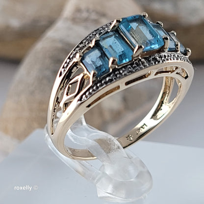 14K Yellow Gold Blue Topaz & Diamond Ring Size 8 - Solid Gold