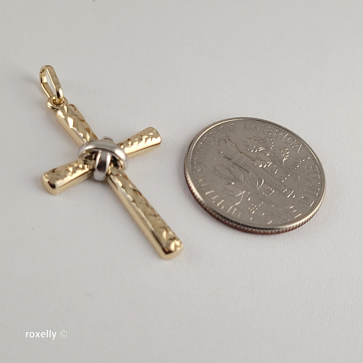 14K Two-Tone Gold Diamond-Cut Cross Pendant - Solid Gold, Made in Italy