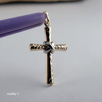 14K Two-Tone Gold Diamond-Cut Cross Pendant - Solid Gold, Made in Italy