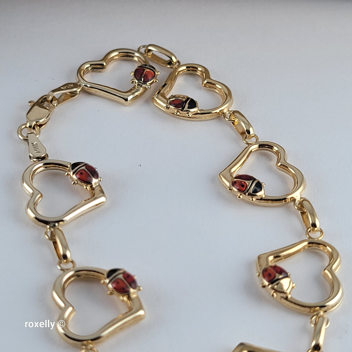 14K Yellow Gold Heart & Ladybug Link Bracelet - Solid Gold, Made in Turkey