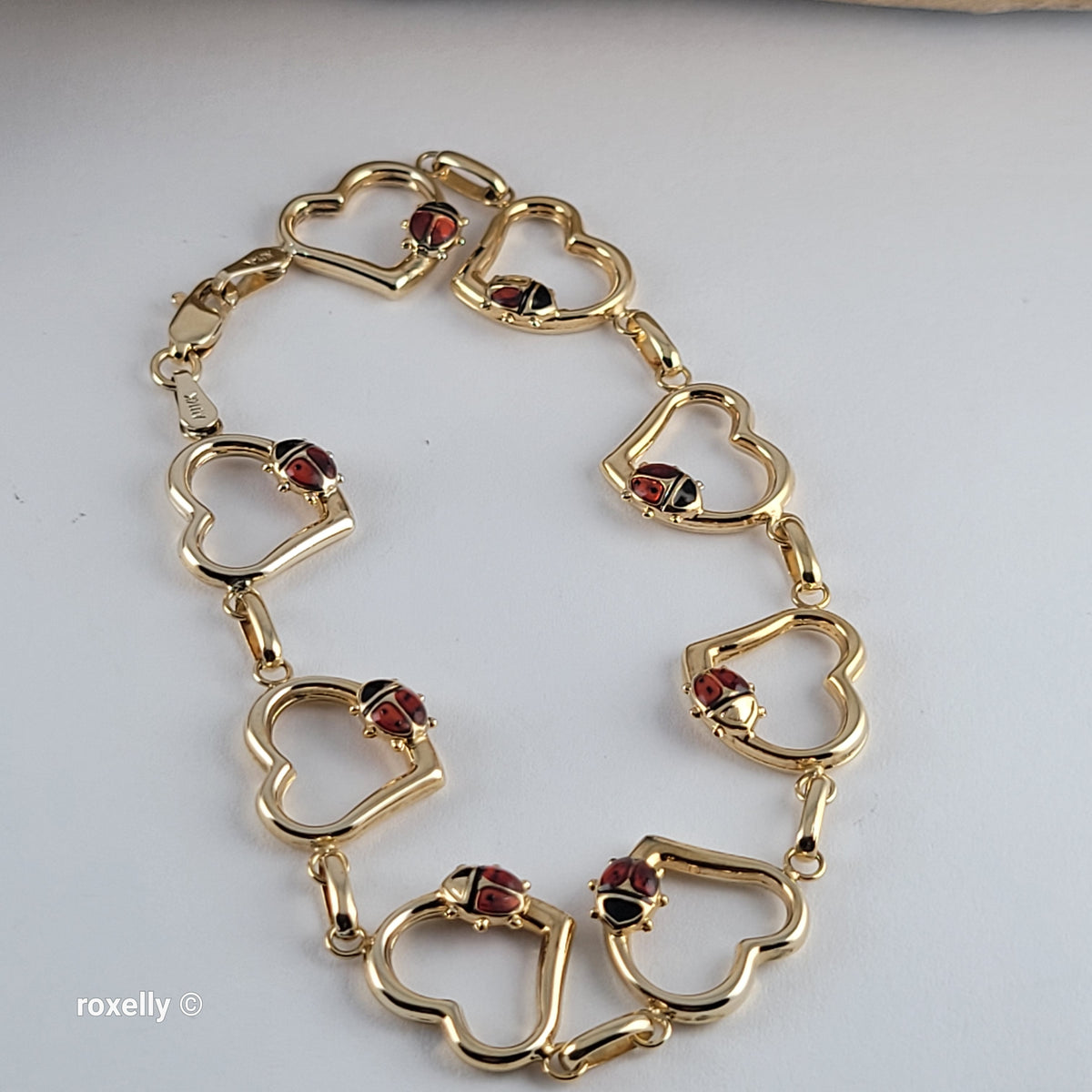 14K Yellow Gold Heart & Ladybug Link Bracelet - Solid Gold, Made in Turkey