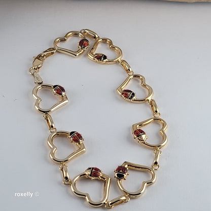 14K Yellow Gold Heart & Ladybug Link Bracelet - Solid Gold, Made in Turkey
