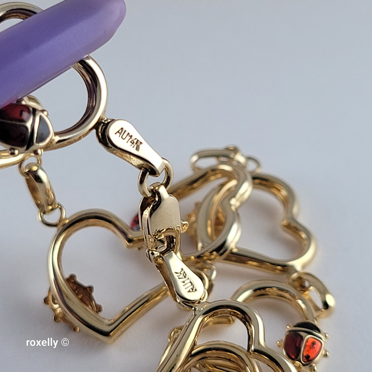 14K Yellow Gold Heart & Ladybug Link Bracelet - Solid Gold, Made in Turkey