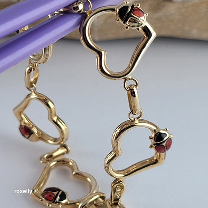 14K Yellow Gold Heart & Ladybug Link Bracelet - Solid Gold, Made in Turkey