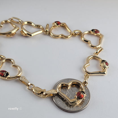 14K Yellow Gold Heart & Ladybug Link Bracelet - Solid Gold, Made in Turkey