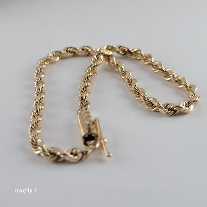 14K Yellow Gold Rope Link Bracelet with Barrel Clasp - Solid Gold!