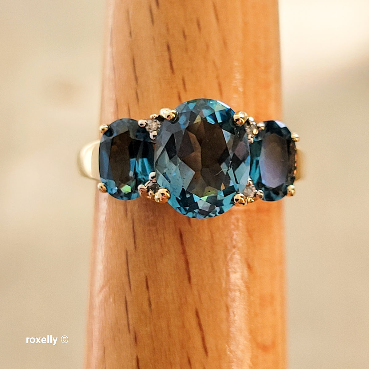 14K Yellow Gold Blue Topaz and Genuine Diamond Ring Size 8 - Solid Gold