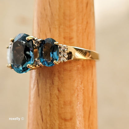 14K Yellow Gold Blue Topaz and Genuine Diamond Ring Size 8 - Solid Gold