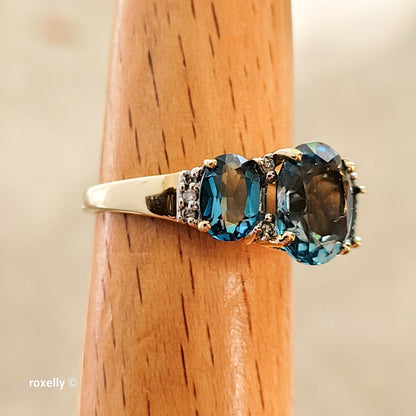 14K Yellow Gold Blue Topaz and Genuine Diamond Ring Size 8 - Solid Gold