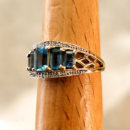14K Yellow Gold Blue Topaz & Diamond Ring Size 8 - Solid Gold