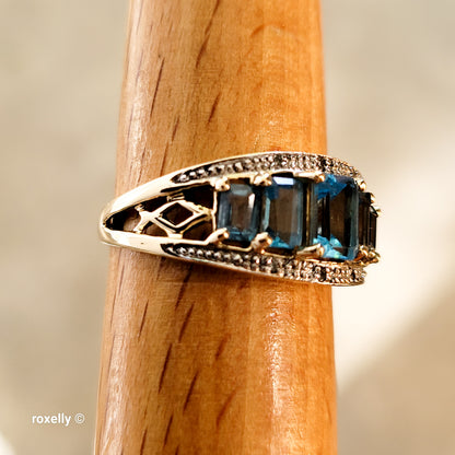 14K Yellow Gold Blue Topaz & Diamond Ring Size 8 - Solid Gold