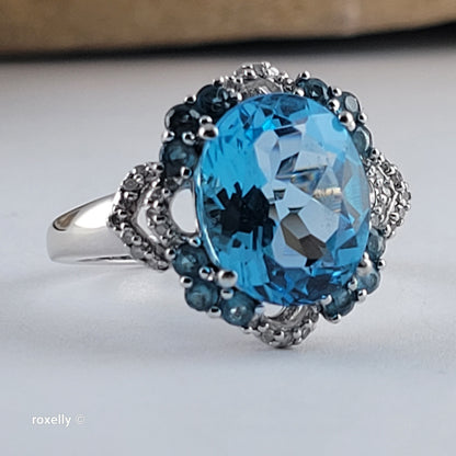 10K White Gold Blue Topaz Gemstones and Diamonds Ring Size 6.75 - Solid Gold
