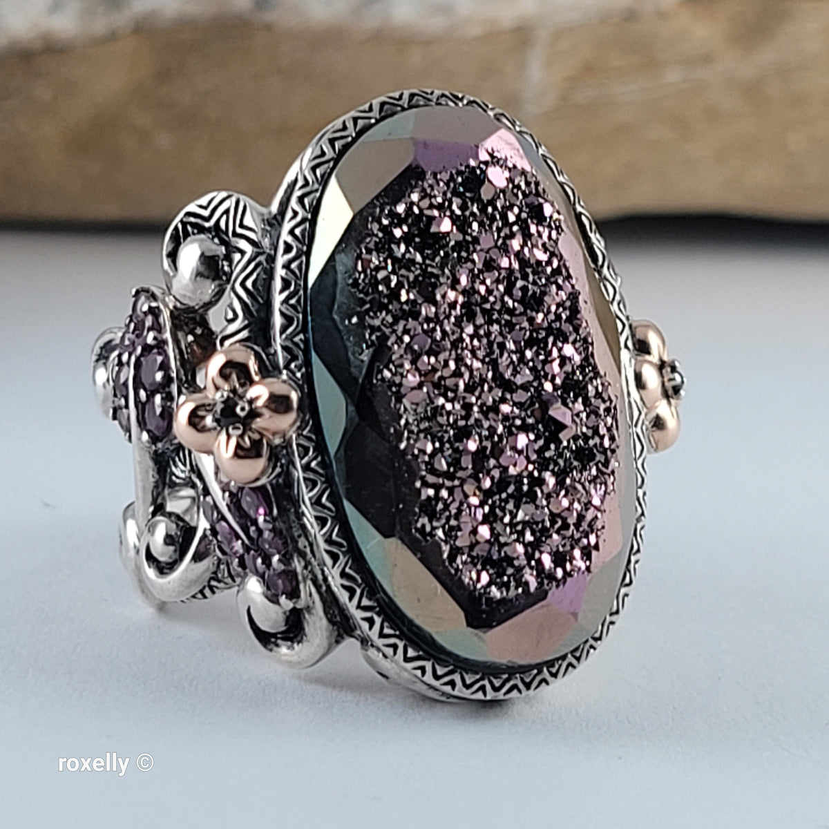 925 Sterling Silver & 18K Solid Yellow Gold, Plum Color Druzy Quartz, Tourmaline and Sapphire Ring Size 7!