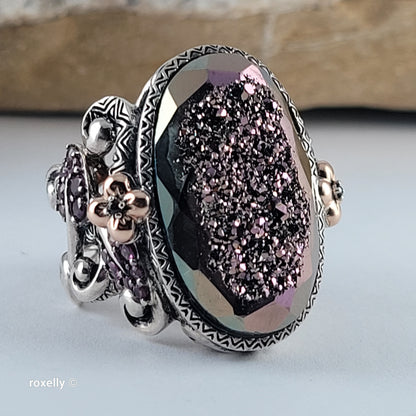 925 Sterling Silver & 18K Solid Yellow Gold, Plum Color Druzy Quartz, Tourmaline and Sapphire Ring Size 7!