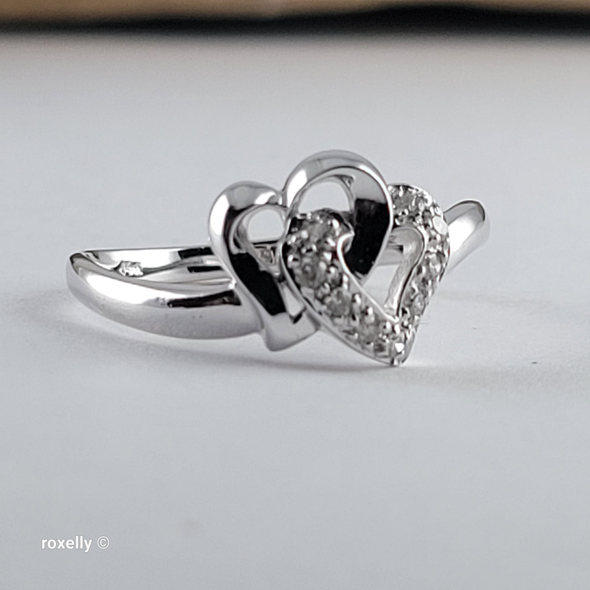 14K White Gold Intertwined Hearts Genuine Diamond Ring Size 7 - Solid Gold!