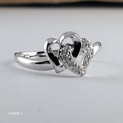 14K White Gold Intertwined Hearts Genuine Diamond Ring Size 7 - Solid Gold!