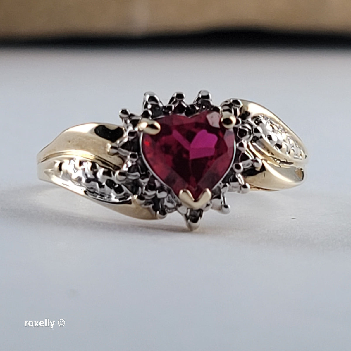 10K Yellow Gold Heart-Shaped Ruby and Genuine Diamonds Ring Size 6.5 - Solid Gold