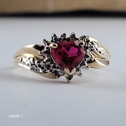 10K Yellow Gold Heart-Shaped Ruby and Genuine Diamonds Ring Size 6.5 - Solid Gold