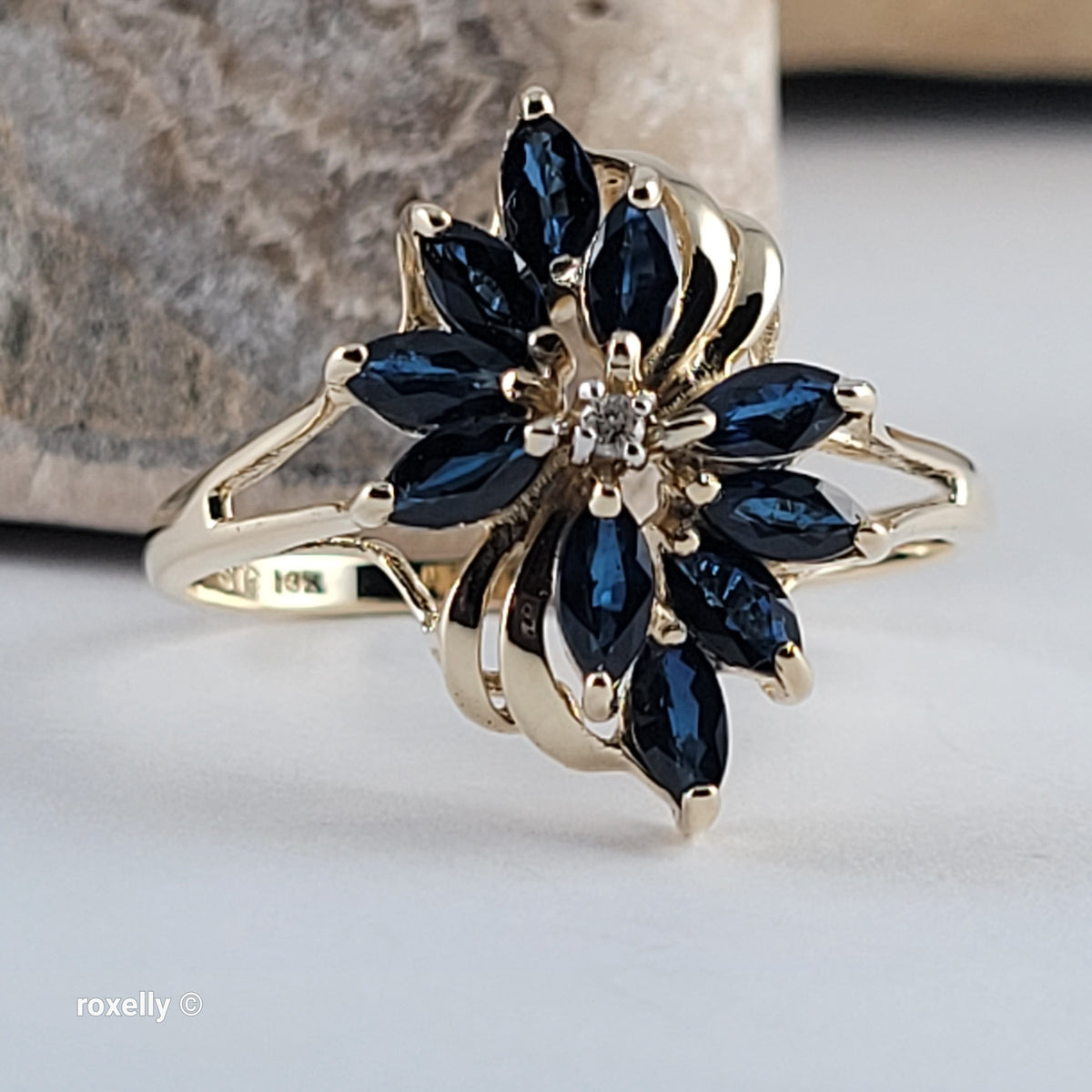 14K Yellow Gold Sapphires and Genuine Diamond Ring Size 10.5 - Solid Gold