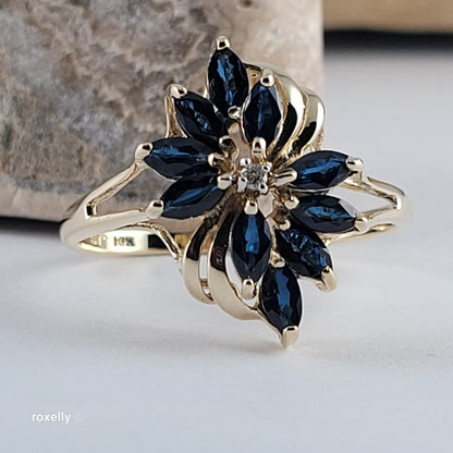 14K Yellow Gold Sapphires and Genuine Diamond Ring Size 10.5 - Solid Gold