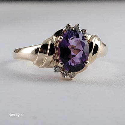 14K Yellow Gold Purple Amethyst and Genuine Diamond Ring Size 7.5 - Solid Gold