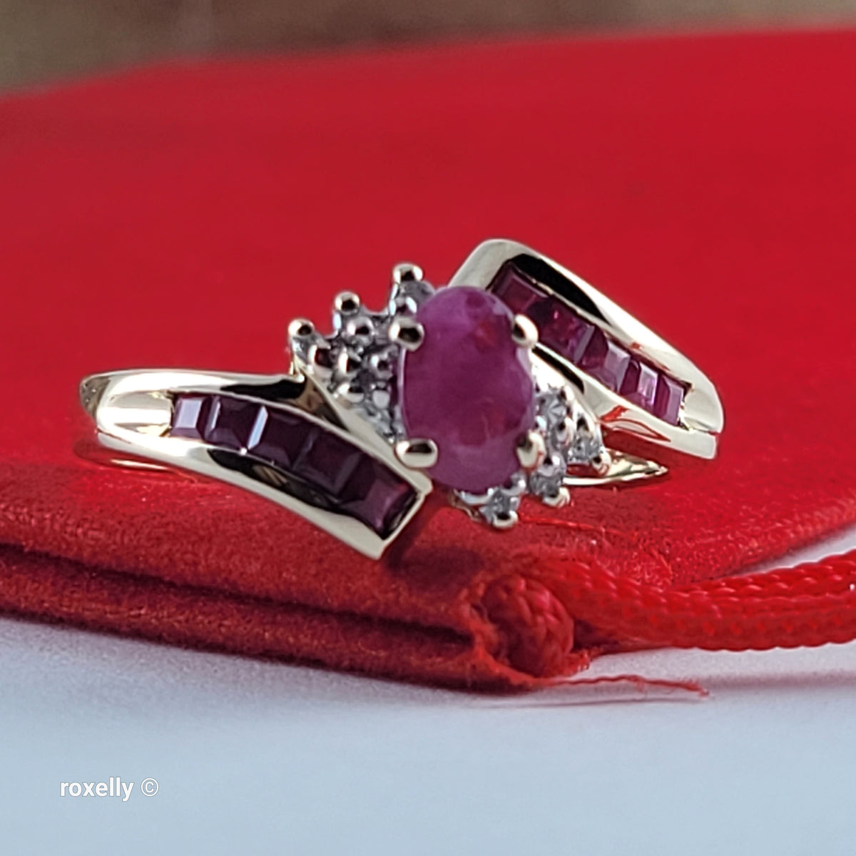 10K Yellow Gold Ruby and Genuine Diamond Bypass Ring Size 7 - Solid Gold