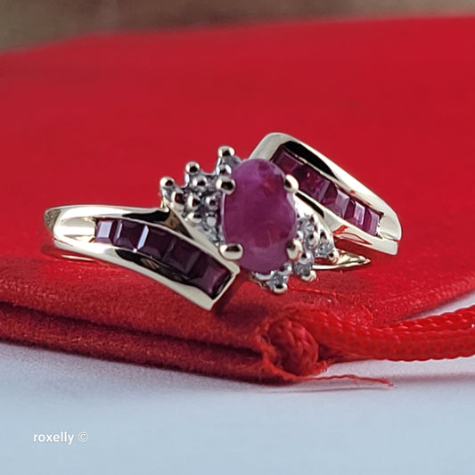 10K Yellow Gold Ruby and Genuine Diamond Bypass Ring Size 7 - Solid Gold