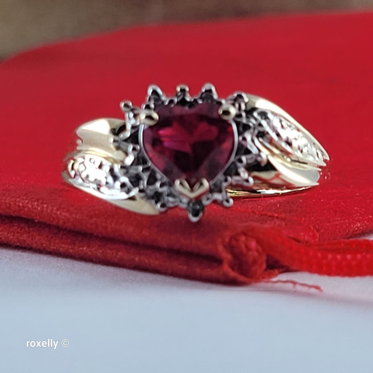 10K Yellow Gold Heart-Shaped Ruby and Genuine Diamonds Ring Size 6.5 - Solid Gold