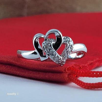 14K White Gold Intertwined Hearts Genuine Diamond Ring Size 7 - Solid Gold!