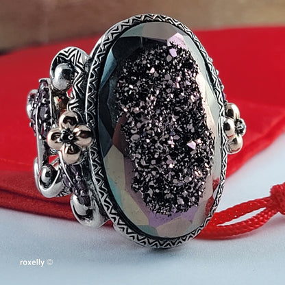 925 Sterling Silver & 18K Solid Yellow Gold, Plum Color Druzy Quartz, Tourmaline and Sapphire Ring Size 7!