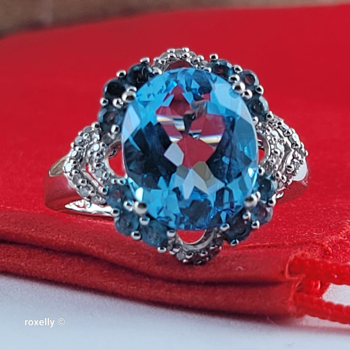 10K White Gold Blue Topaz Gemstones and Diamonds Ring Size 6.75 - Solid Gold