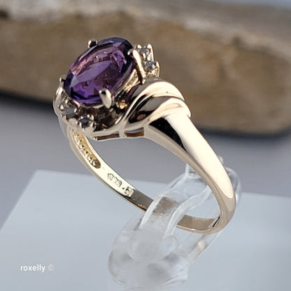 14K Yellow Gold Purple Amethyst and Genuine Diamond Ring Size 7.5 - Solid Gold