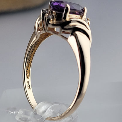 14K Yellow Gold Purple Amethyst and Genuine Diamond Ring Size 7.5 - Solid Gold
