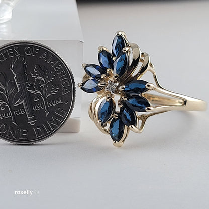 14K Yellow Gold Sapphires and Genuine Diamond Ring Size 10.5 - Solid Gold