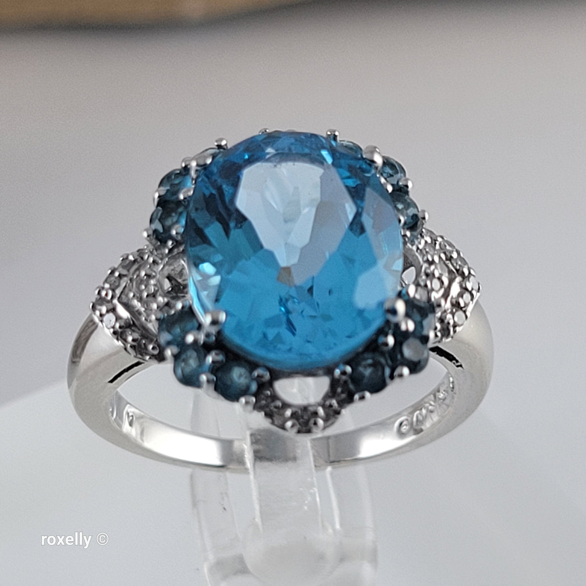 10K White Gold Blue Topaz Gemstones and Diamonds Ring Size 6.75 - Solid Gold