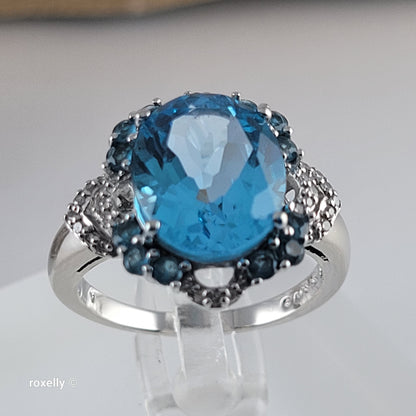 10K White Gold Blue Topaz Gemstones and Diamonds Ring Size 6.75 - Solid Gold